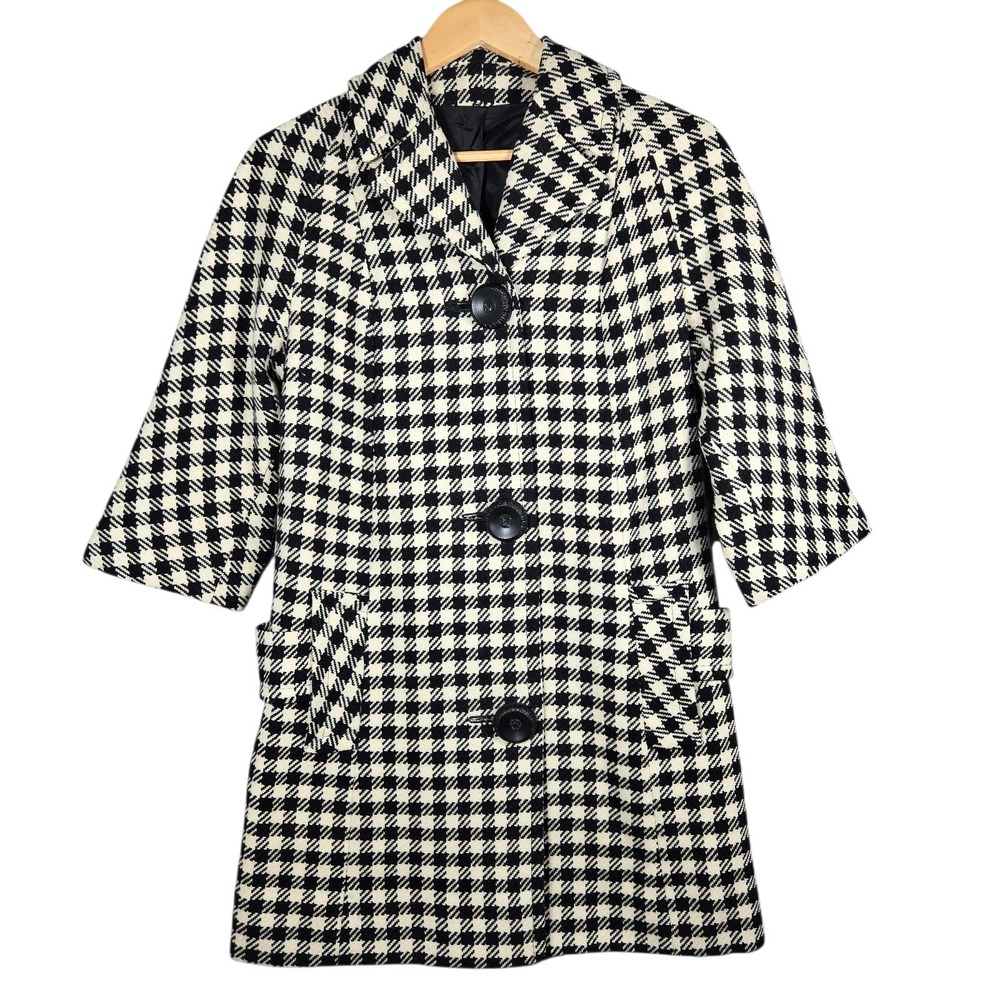 Peerless Coat Womens M Vtg USA 100% Wool Houndstooth Check Mod Swing Jacket 60s